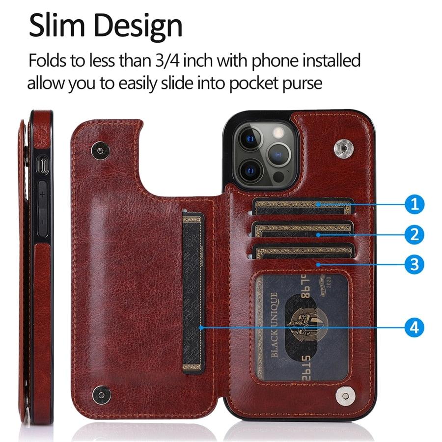 Retro PU Flip Leather Case For iPhone 14 13 12 11 Pro Max Multi Card Holder Case Cover Card Holder Leather Card Double Magnetic Closure Durable Iphone Cover