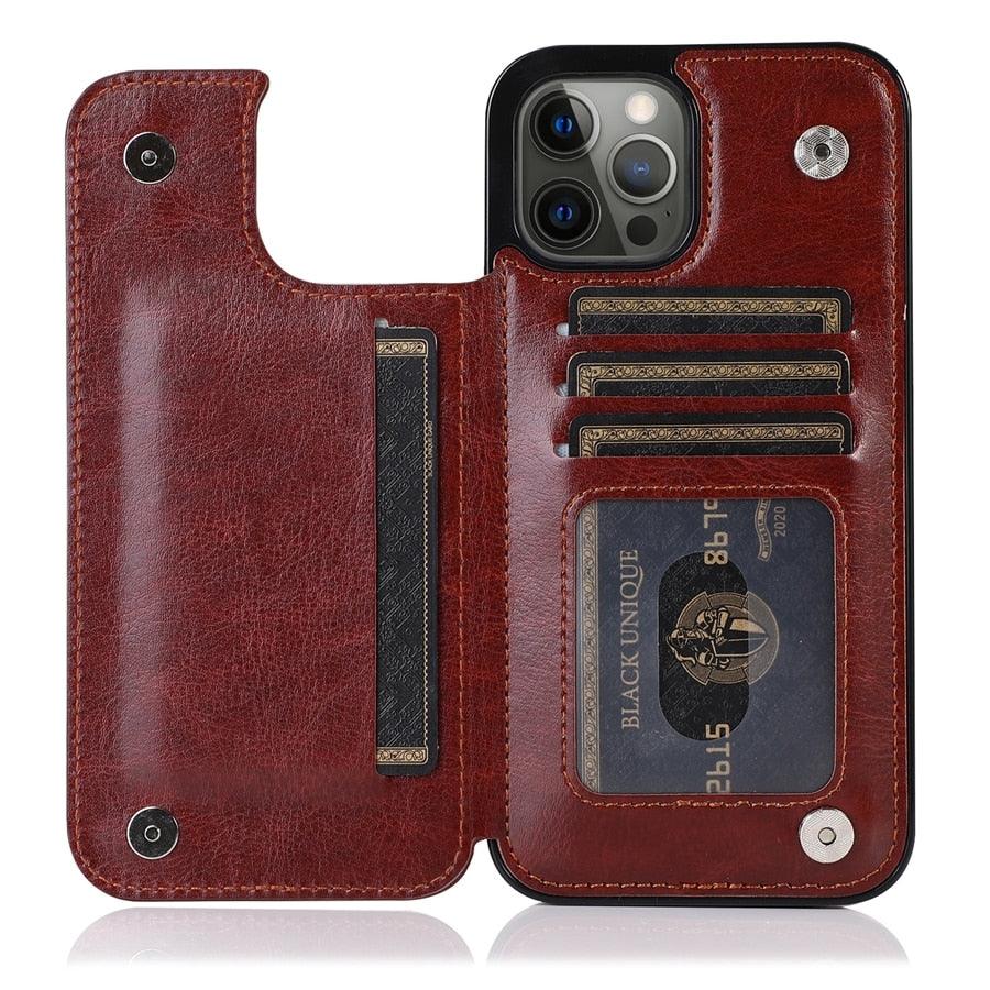 Retro PU Flip Leather Case For iPhone 14 13 12 11 Pro Max Multi Card Holder Case Cover Card Holder Leather Card Double Magnetic Closure Durable Iphone Cover