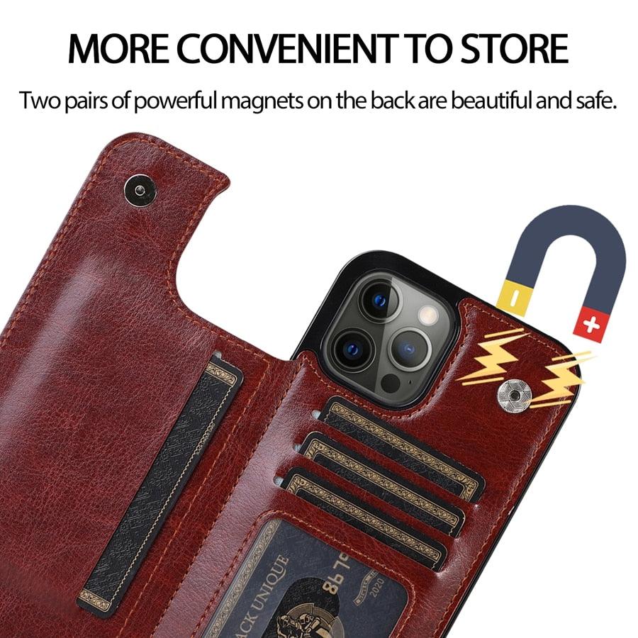 Retro PU Flip Leather Case For iPhone 14 13 12 11 Pro Max Multi Card Holder Case Cover Card Holder Leather Card Double Magnetic Closure Durable Iphone Cover