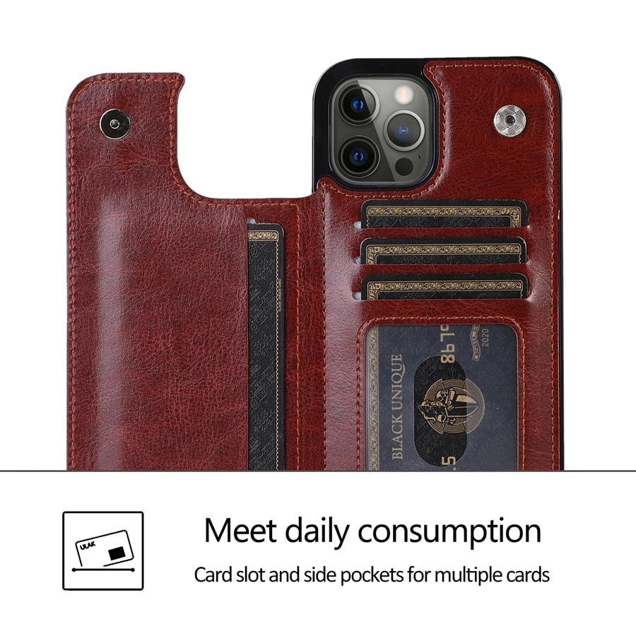 Retro PU Flip Leather Case For iPhone 14 13 12 11 Pro Max Multi Card Holder Case Cover Card Holder Leather Card Double Magnetic Closure Durable Iphone Cover