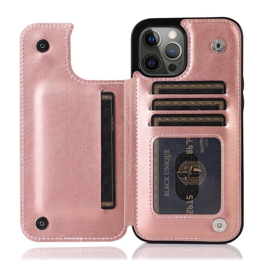 Retro PU Flip Leather Case For iPhone 14 13 12 11 Pro Max Multi Card Holder Case Cover Card Holder Leather Card Double Magnetic Closure Durable Iphone Cover