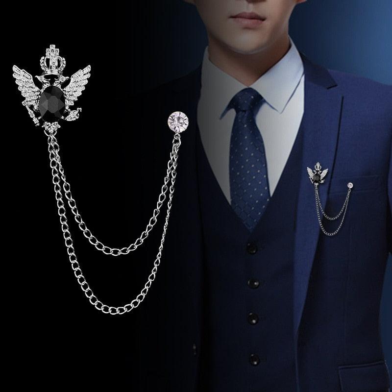 Retro Shirt Suit Bird Wing Brooch Fashion Wing Brooch Luxury Wedding Shirt Tassel For Men Chain Double Hawk Head Brooch Classic Brooches Badge Gifts For Men Accessories