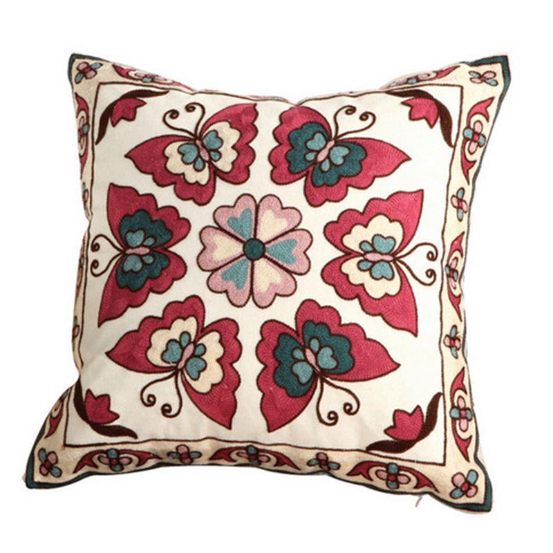 Retro Top Quality 100% Cotton Embroidery Flower Pattern Pillow Cover Home Decoration Sofa Cushion Cover Housewarming Gift Pillow Case Decorative Embroidered Pillow Cover Handmade Cotton Cover For Throw Pillows Beautiful Modern Floral Patterns 45x45cm