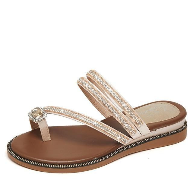 Rhinestones Women Sandals Flip Flops Summer Leather Crystal Slippers Sandals For Women Casual Summer Flat Rhinestone Crystal Sandal Slippers Comfy Beach Shoes Flip Flops