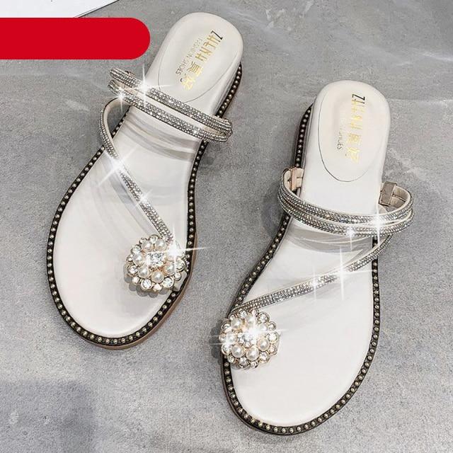 Rhinestones Women Sandals Flip Flops Summer Leather Crystal Slippers Sandals For Women Casual Summer Flat Rhinestone Crystal Sandal Slippers Comfy Beach Shoes Flip Flops