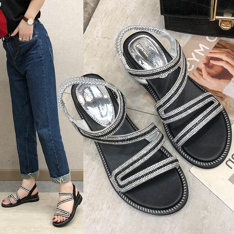 Rhinestones Women Sandals Flip Flops Summer Leather Crystal Slippers Sandals For Women Casual Summer Flat Rhinestone Crystal Sandal Slippers Comfy Beach Shoes Flip Flops