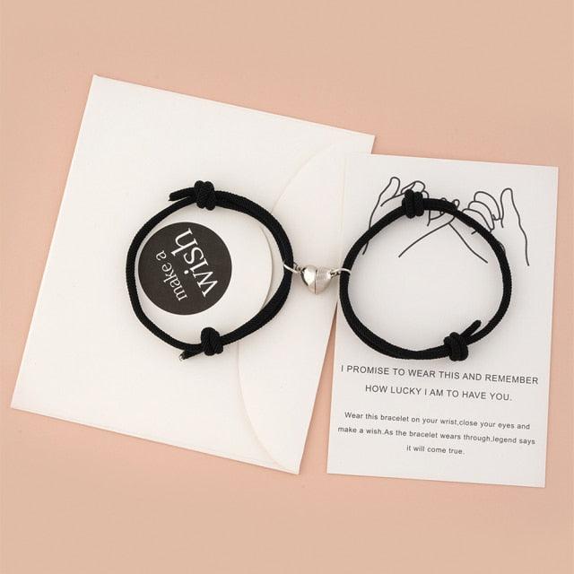 Romantic 2pcs/set Heart Magnetic Couple Bracelets Men Women Classic Black White Paired Lovers Braclet Adjustable Matching Braided Rope Bracelet Promise Friendship Bracelet Gifts For Girlfriend