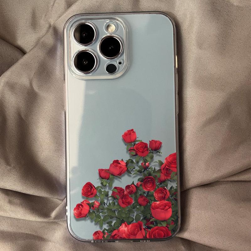 Romantic Red Rose Flower Clear Phone Case For iPhone 13 12 11 Pro MAX Mini X XS XR 7 8 Plus Soft Silicone Transparent Cover Gorgeous Floral Print Women Transparent Strong Clear Case