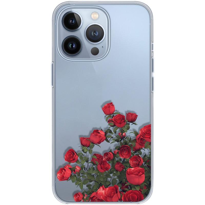 Romantic Red Rose Flower Clear Phone Case For iPhone 13 12 11 Pro MAX Mini X XS XR 7 8 Plus Soft Silicone Transparent Cover Gorgeous Floral Print Women Transparent Strong Clear Case