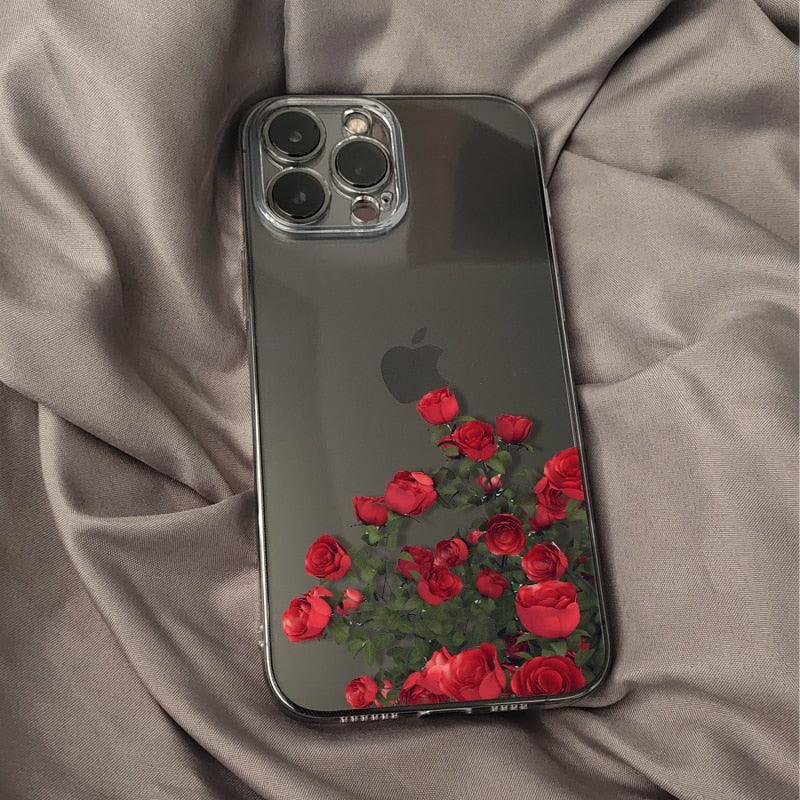 Romantic Red Rose Flower Clear Phone Case For iPhone 13 12 11 Pro MAX Mini X XS XR 7 8 Plus Soft Silicone Transparent Cover Gorgeous Floral Print Women Transparent Strong Clear Case