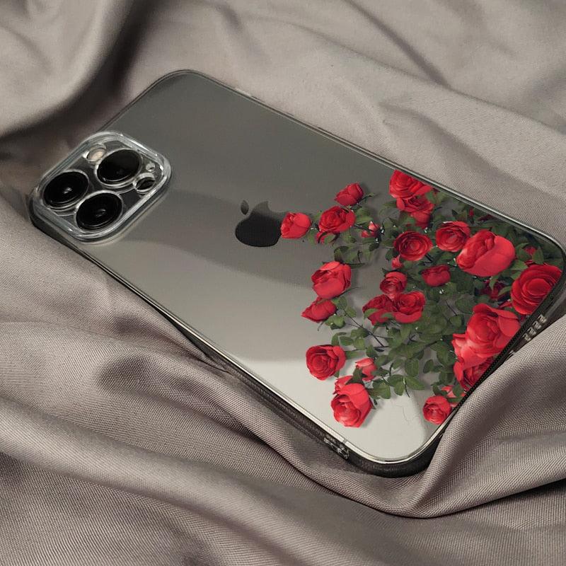 Romantic Red Rose Flower Clear Phone Case For iPhone 13 12 11 Pro MAX Mini X XS XR 7 8 Plus Soft Silicone Transparent Cover Gorgeous Floral Print Women Transparent Strong Clear Case