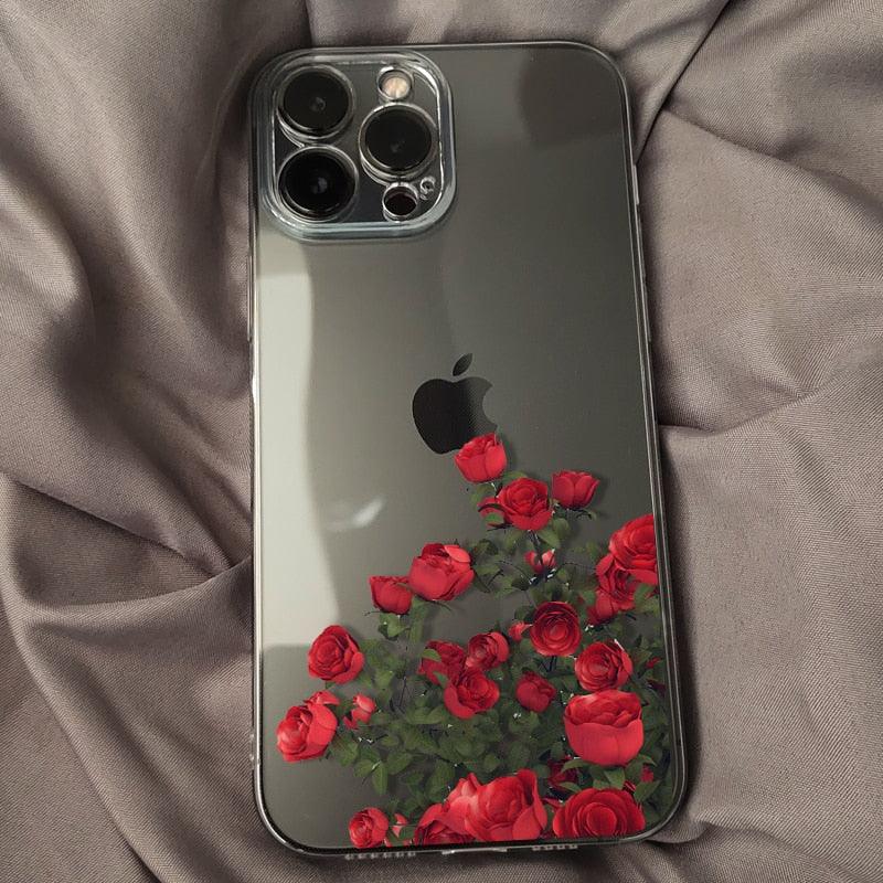 Romantic Red Rose Flower Clear Phone Case For iPhone 13 12 11 Pro MAX Mini X XS XR 7 8 Plus Soft Silicone Transparent Cover Gorgeous Floral Print Women Transparent Strong Clear Case