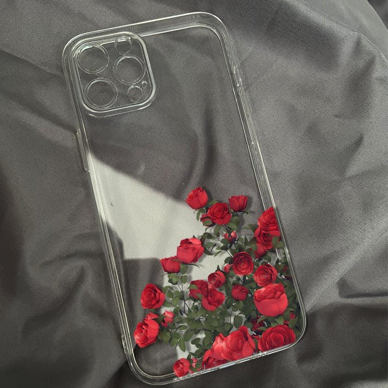 Romantic Red Rose Flower Clear Phone Case For iPhone 13 12 11 Pro MAX Mini X XS XR 7 8 Plus Soft Silicone Transparent Cover Gorgeous Floral Print Women Transparent Strong Clear Case