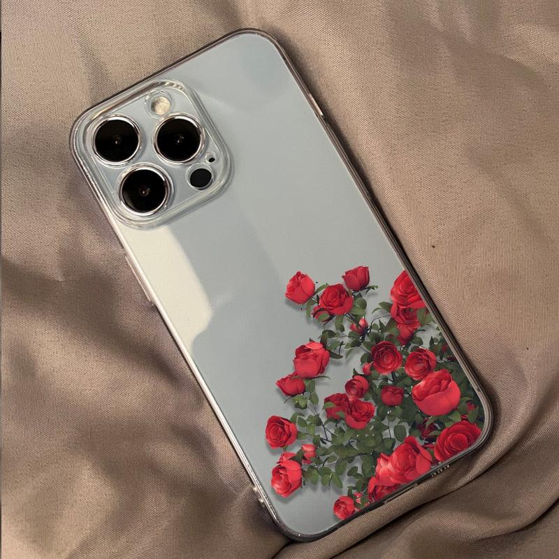 Romantic Red Rose Flower Clear Phone Case For iPhone 13 12 11 Pro MAX Mini X XS XR 7 8 Plus Soft Silicone Transparent Cover Gorgeous Floral Print Women Transparent Strong Clear Case