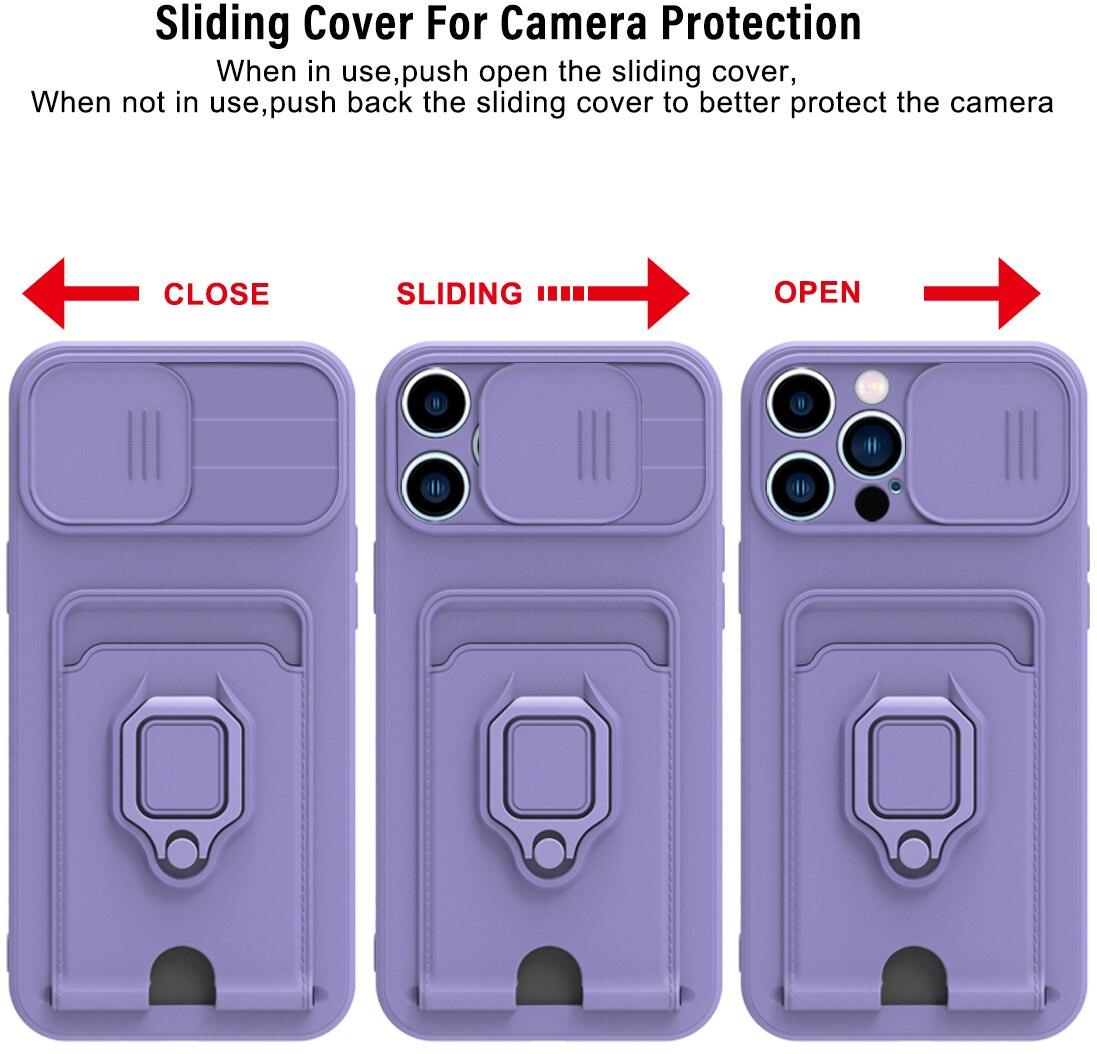 Rotatable Ring Holder Camera Protect Phone Case For iPhone 14 13 12 11 Pro Max Cover Protective Camera Slide Case With 360 Degree Adjustable Rotating Ring Silicone Case For Iphone