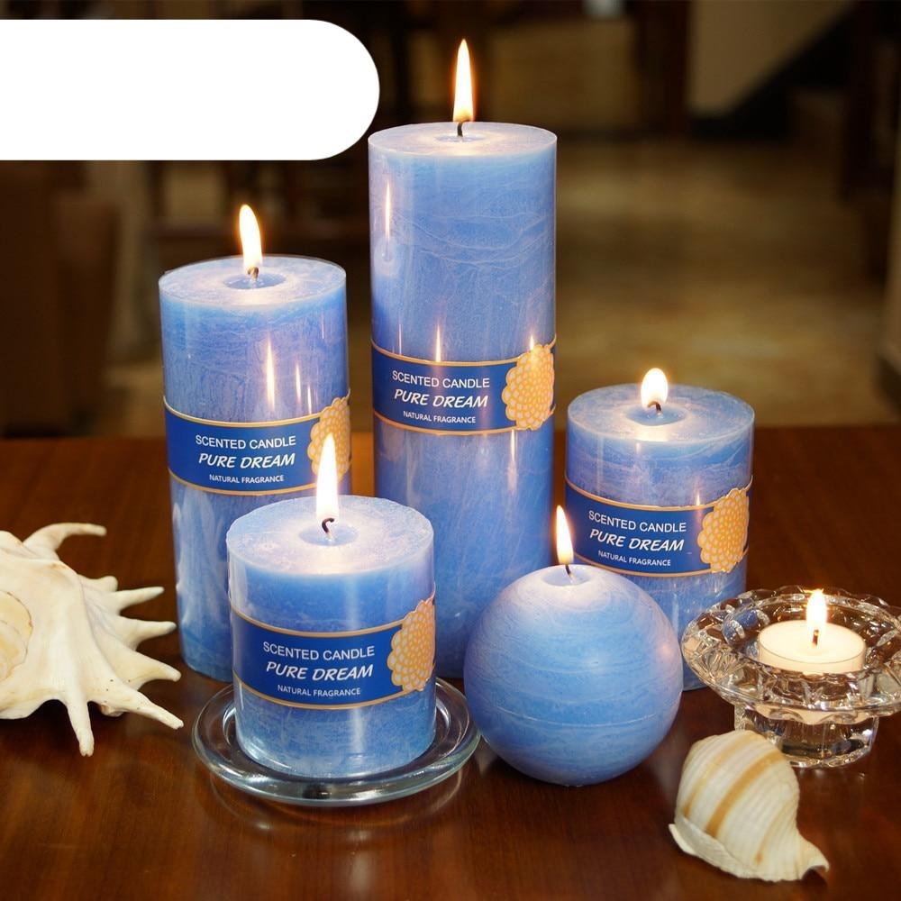 Scented Candles Soy Wax Coconut Oil Smokeless Blue Pillar Candles Smokeless Clean Burning Décor for Home Wedding Church Events