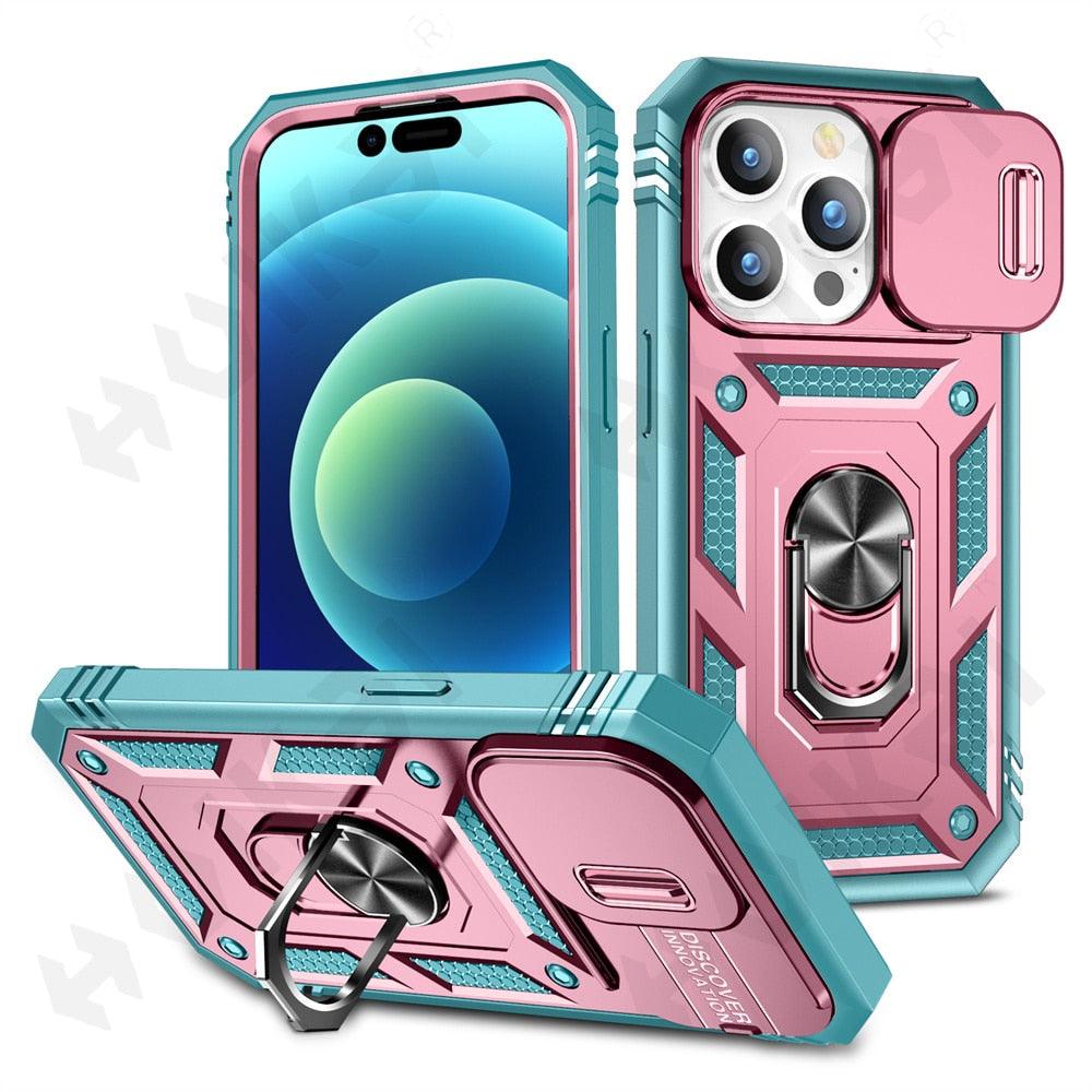 Screen Protector And Kickstand Heavy Duty Protection Shockproof Case for iPhone Slide Camera Case For iPhone 14 Pro Max 14 Plus 13 Pro 12 Build in 360 Degree Rotate Kickstand iPhone Cases