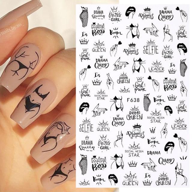 Sexy Lady Shaped 3D Nail Stickers Character Face Image Leaves Flower Decals Slider Black White Nail Art Decoration Manicure Decoration Nail Art Supplies 3D Self-Adhesive Nail Decals Designer Nail Stickers for Acrylic Nails