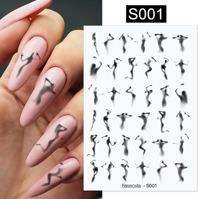 Sexy Lady Shaped 3D Nail Stickers Character Face Image Leaves Flower Decals Slider Black White Nail Art Decoration Manicure Decoration Nail Art Supplies 3D Self-Adhesive Nail Decals Designer Nail Stickers for Acrylic Nails