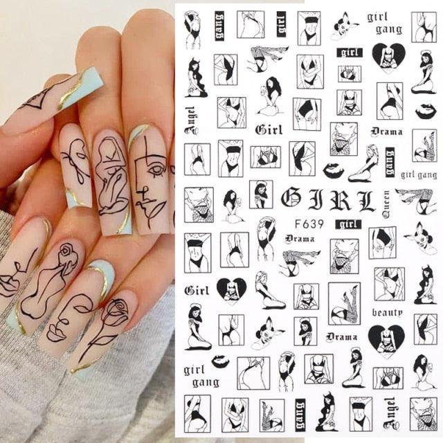 Sexy Lady Shaped 3D Nail Stickers Character Face Image Leaves Flower Decals Slider Black White Nail Art Decoration Manicure Decoration Nail Art Supplies 3D Self-Adhesive Nail Decals Designer Nail Stickers for Acrylic Nails