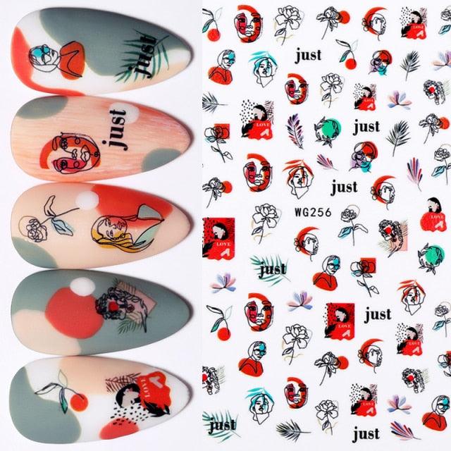 Sexy Lady Shaped 3D Nail Stickers Character Face Image Leaves Flower Decals Slider Black White Nail Art Decoration Manicure Decoration Nail Art Supplies 3D Self-Adhesive Nail Decals Designer Nail Stickers for Acrylic Nails