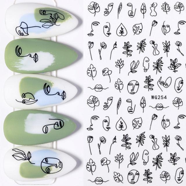 Sexy Lady Shaped 3D Nail Stickers Character Face Image Leaves Flower Decals Slider Black White Nail Art Decoration Manicure Decoration Nail Art Supplies 3D Self-Adhesive Nail Decals Designer Nail Stickers for Acrylic Nails