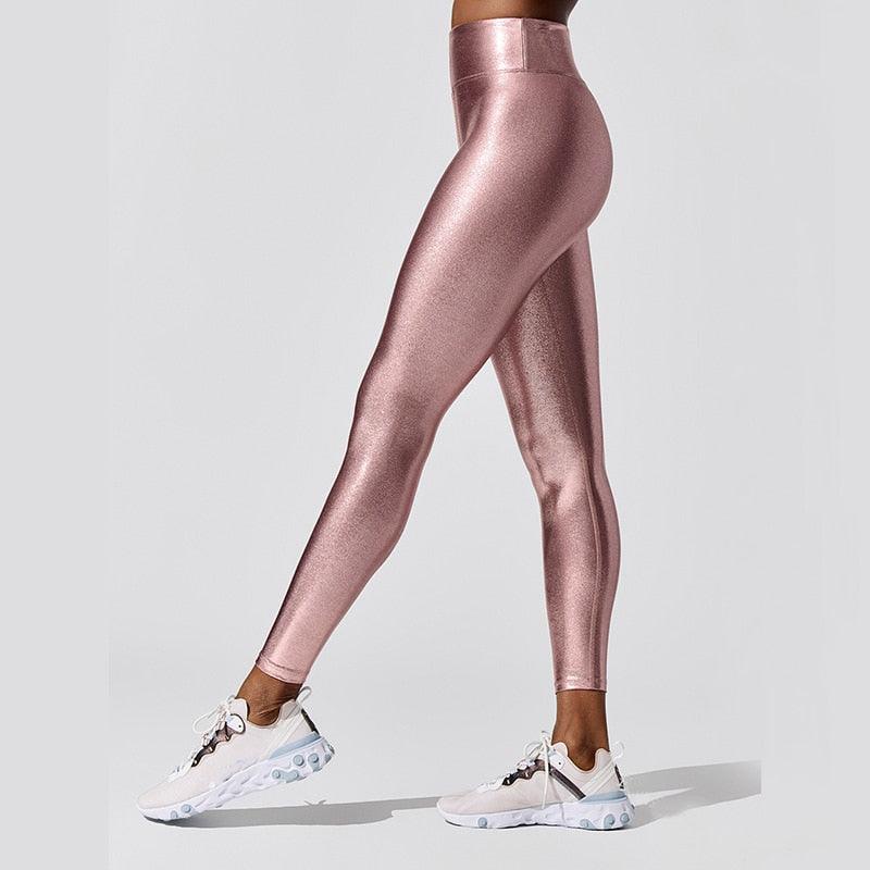 Shape Relaxed Fit Graduated Compression Travel Leggings with Stay in Place Waistband Women's Yoga Pants High Waist Metallic Luster Gym Sportswear Female Legging Tight Pants Shiny Sports Leggings