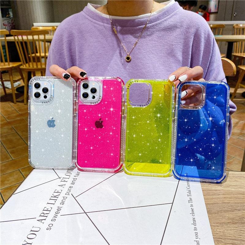 Shining Glitter Shockproof Bumper Phone Case For iPhone 13 12 11 14 Pro Max XR XS Max 7 8 Plus 13Pro Transparent Soft Phone Case Camera Lens Protector Soft Shockproof Protective Cover for Women Girls Stylish Phone Cases