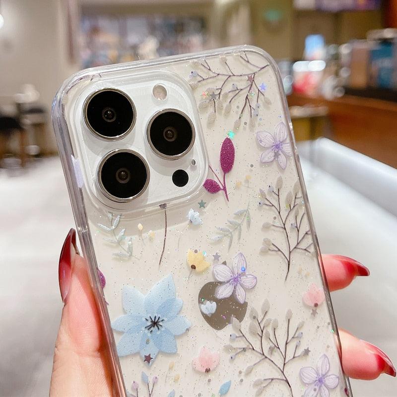 Shining Glitter Star Flowers Case For Iphone 14 13 12 11 Pro Ultra-thin Transparent Soft Cover Shockproof Glitter Floral Design Hard Back Cover Phone Case