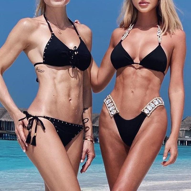 Shiny Diamond Bikini Push Up Halter Swimsuit Female Crystal Swimwear Women Bathing Suit New Women's Crystal Diamond Swimsuit High Cut Bikini Set Straps Two Piece Bathing Suit