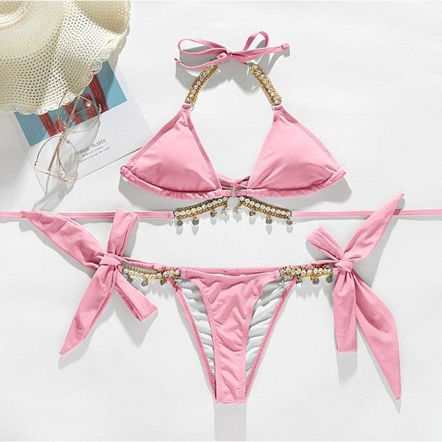 Shiny Diamond Bikini Push Up Halter Swimsuit Female Crystal Swimwear Women Bathing Suit New Women's Crystal Diamond Swimsuit High Cut Bikini Set Straps Two Piece Bathing Suit