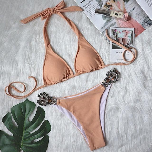 Shiny Diamond Bikini Push Up Halter Swimsuit Female Crystal Swimwear Women Bathing Suit New Women's Crystal Diamond Swimsuit High Cut Bikini Set Straps Two Piece Bathing Suit