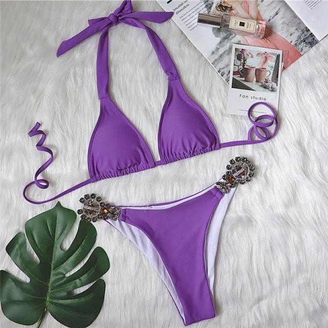 Shiny Diamond Bikini Push Up Halter Swimsuit Female Crystal Swimwear Women Bathing Suit New Women's Crystal Diamond Swimsuit High Cut Bikini Set Straps Two Piece Bathing Suit