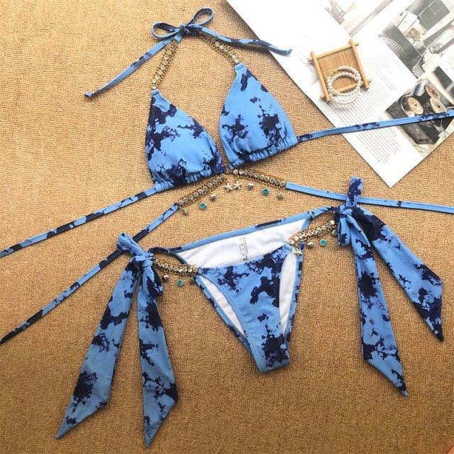 Shiny Diamond Bikini Push Up Halter Swimsuit Female Crystal Swimwear Women Bathing Suit New Women's Crystal Diamond Swimsuit High Cut Bikini Set Straps Two Piece Bathing Suit