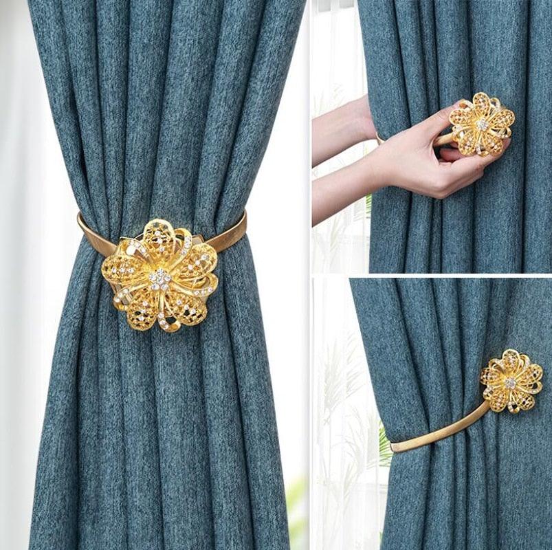 Shiny Flowers Magnetic Curtain Clip Tieback European Style Curtain Clasp Hanging Ball Rope Straps Home Decoration Accessories Crystal Curtain Magnetic Tieback Flower Curtain Clips Buckle with Stretchy Wire Rope For Home Office Decoration