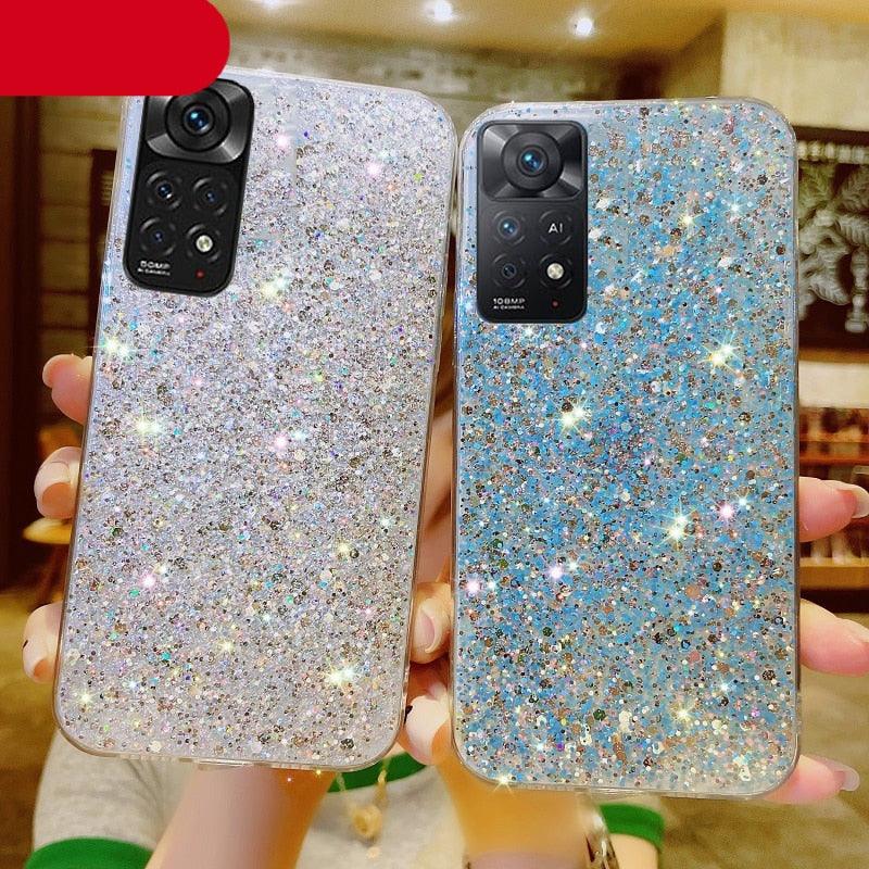 Shiny Glitter Silicone Case for Xiaomi Redmi Note 11 11S 10 10S 9 9S 9A 9C 8 8A Pro Gold Silver Foil Soft Back Cover Cute Sparkle Bling Shiny Slim Soft Reflective Clear Bumper Case for Girl Women Protective Cover