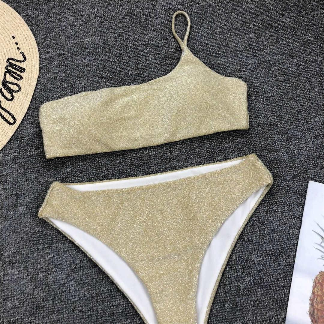 Shiny Glitter Sparkling High Waist Bikini Female Swimsuit Women's Bikini One Shoulder Top With High Waist Bottom Two Piece Swimsuits Women Swimwear Two-pieces Bikini Set One Shoulder Bathing Suit