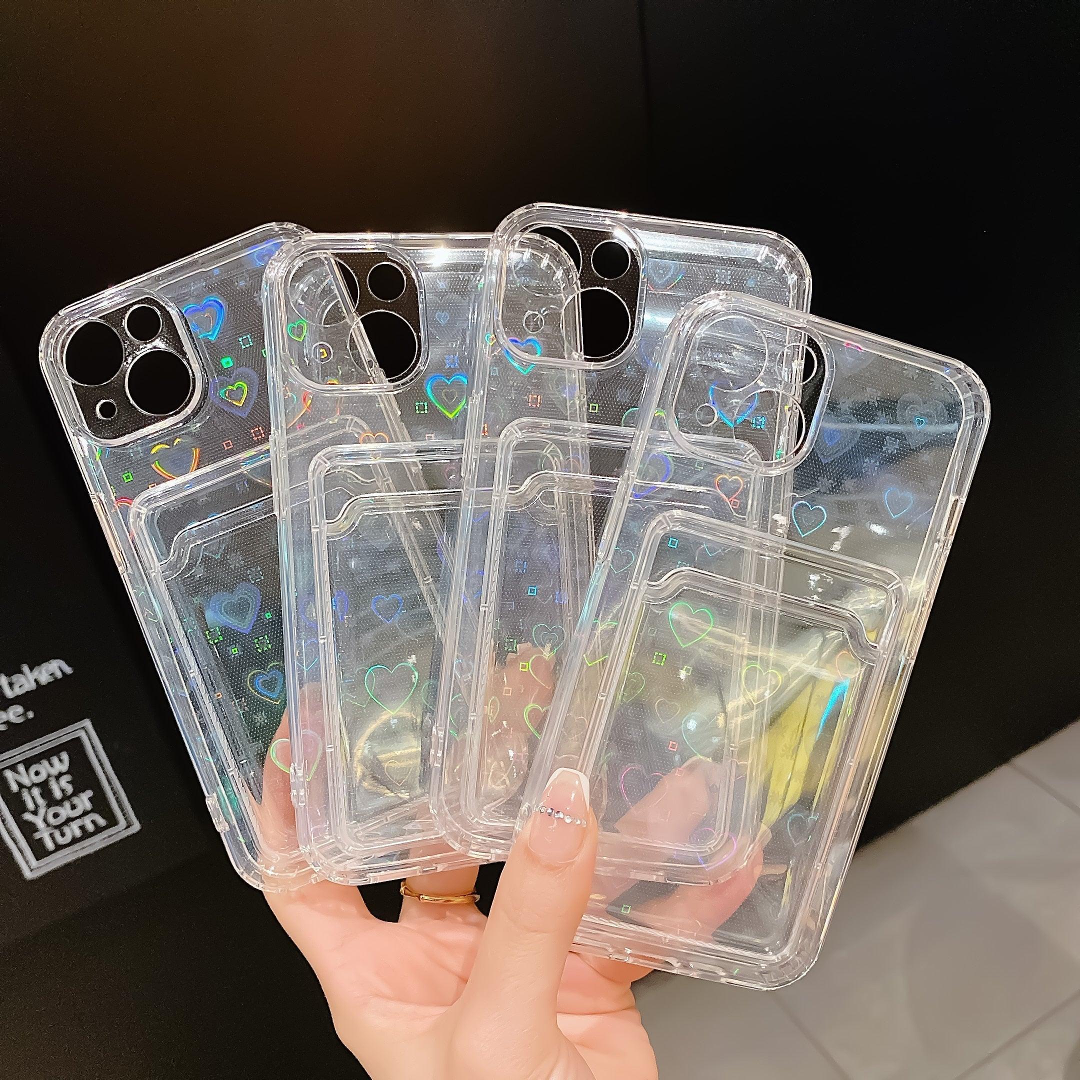 Shiny Holographic Heart Phone Case For iPhone 14 13 Pro Max 11 12 XR 6 7 8 Plus XS X SE 2 Clear Wallet Card Holder Storage Cover Love Heart Pattern Cute Case with Card Holder Soft Cover for iPhone Transparent Phone Case