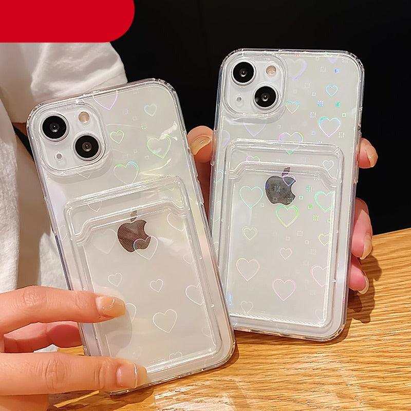 Shiny Holographic Heart Phone Case For iPhone 14 13 Pro Max 11 12 XR 6 7 8 Plus XS X SE 2 Clear Wallet Card Holder Storage Cover Love Heart Pattern Cute Case with Card Holder Soft Cover for iPhone Transparent Phone Case