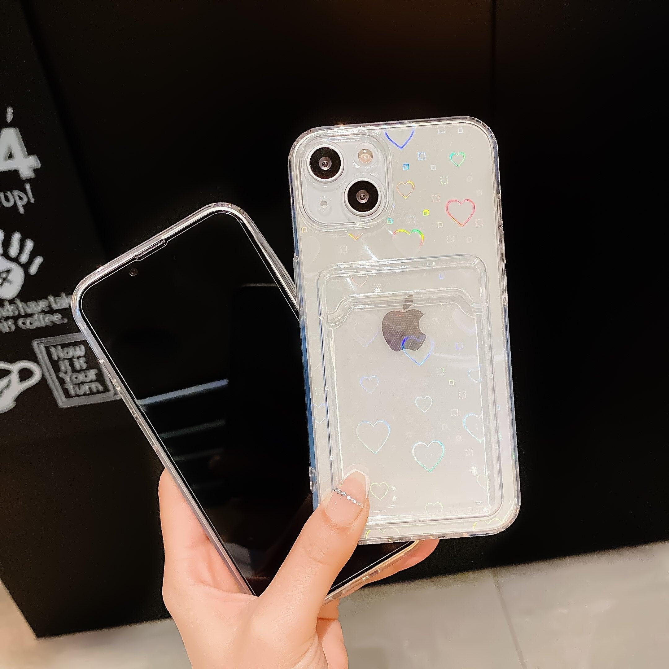 Shiny Holographic Heart Phone Case For iPhone 14 13 Pro Max 11 12 XR 6 7 8 Plus XS X SE 2 Clear Wallet Card Holder Storage Cover Love Heart Pattern Cute Case with Card Holder Soft Cover for iPhone Transparent Phone Case