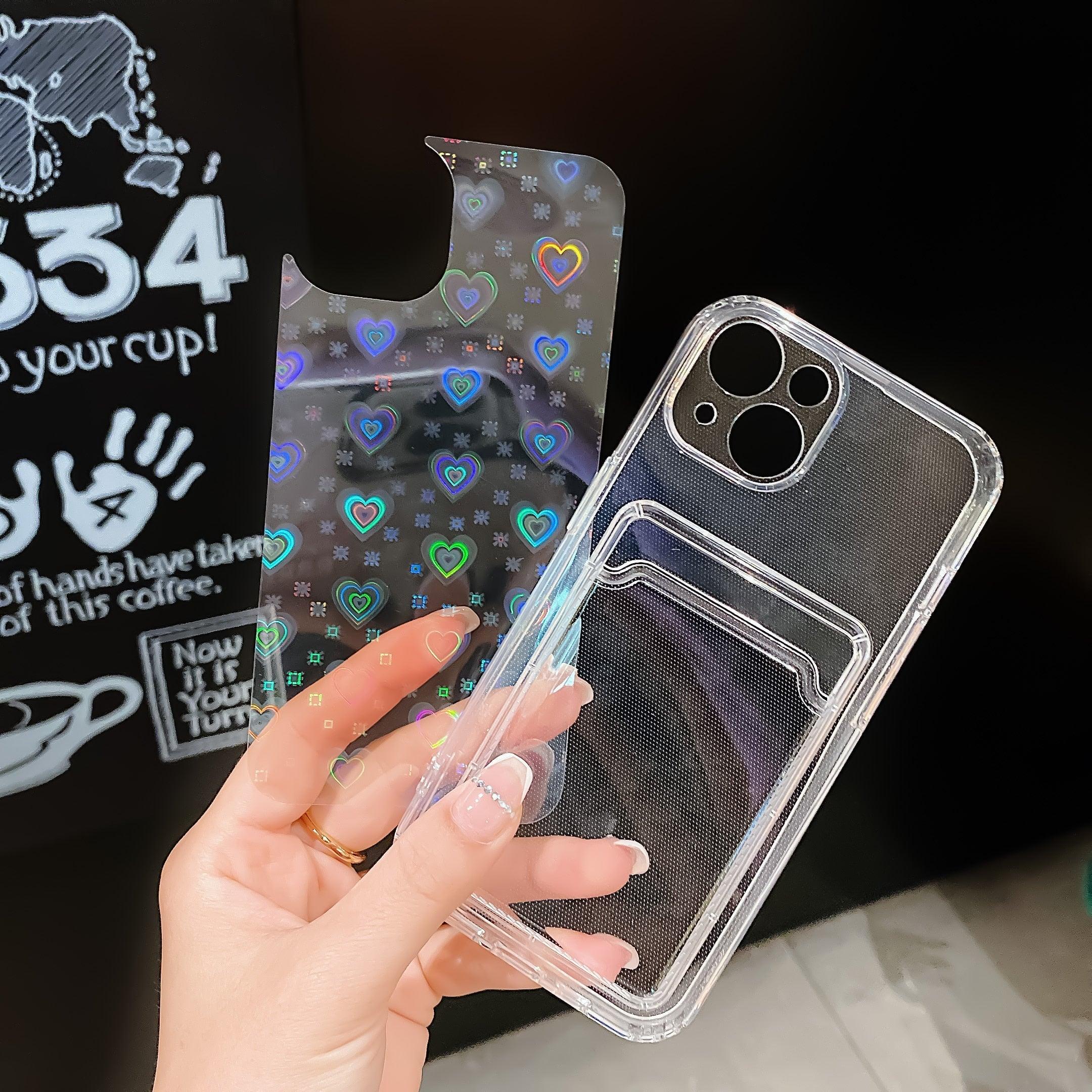 Shiny Holographic Heart Phone Case For iPhone 14 13 Pro Max 11 12 XR 6 7 8 Plus XS X SE 2 Clear Wallet Card Holder Storage Cover Love Heart Pattern Cute Case with Card Holder Soft Cover for iPhone Transparent Phone Case