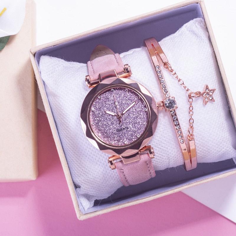 Shiny Luxury Student Watch Womens Star Quartz Watch Fashion Casual Womens Watch Bracelet Set Dial Woman Children Set Bracelet Watch Leather Band Luxury Quartz Watches