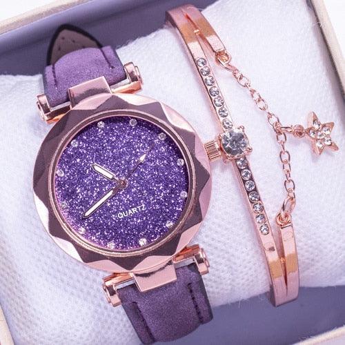 Shiny Luxury Student Watch Womens Star Quartz Watch Fashion Casual Womens Watch Bracelet Set Dial Woman Children Set Bracelet Watch Leather Band Luxury Quartz Watches