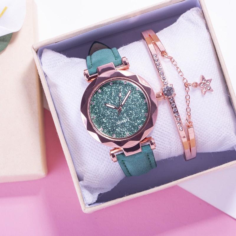 Shiny Luxury Student Watch Womens Star Quartz Watch Fashion Casual Womens Watch Bracelet Set Dial Woman Children Set Bracelet Watch Leather Band Luxury Quartz Watches