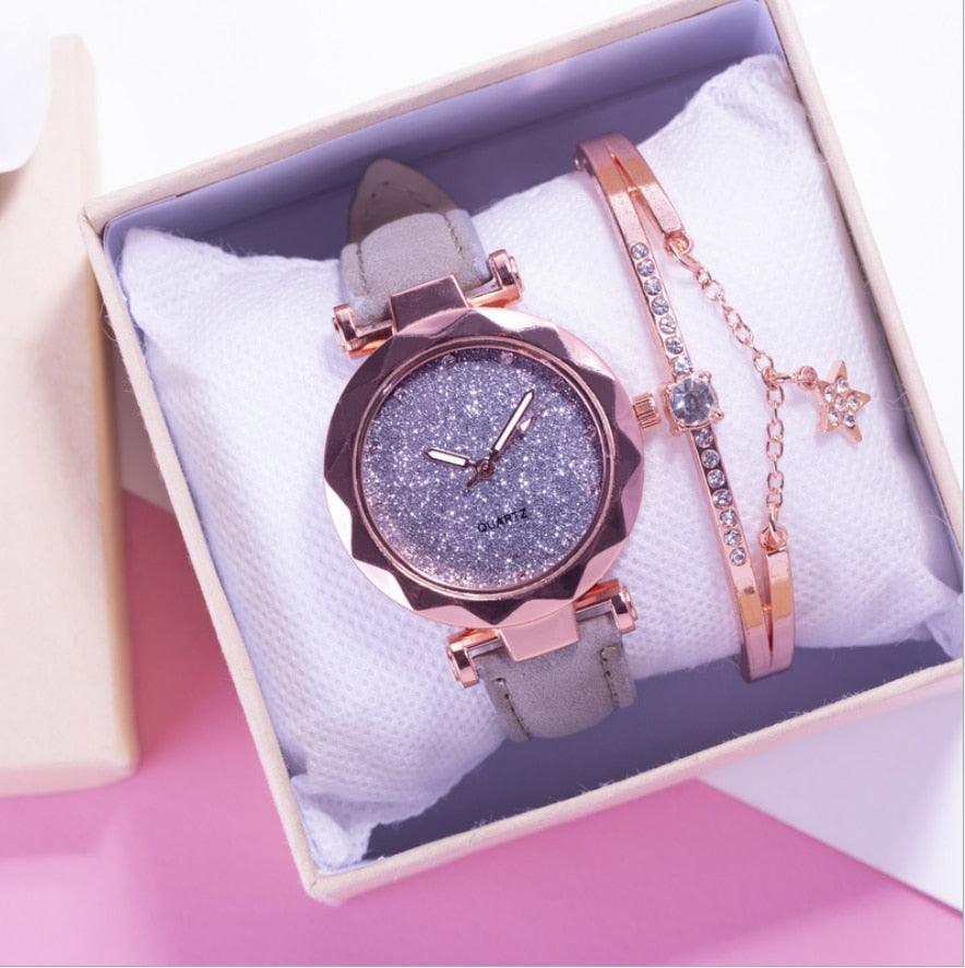 Shiny Luxury Student Watch Womens Star Quartz Watch Fashion Casual Womens Watch Bracelet Set Dial Woman Children Set Bracelet Watch Leather Band Luxury Quartz Watches