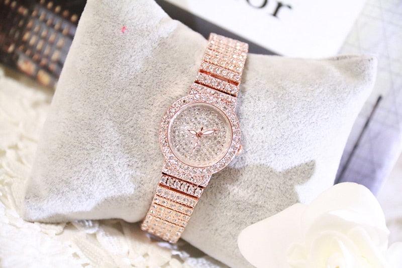 Shiny Women Watches Luxury Small Dial Rose Gold Watches Ladies Stainless Steel Iced Out Watch With Quartz Movement Crystal Rhinestone Diamond Watches For Women Stainless Steel Elegant Women Wristwatch