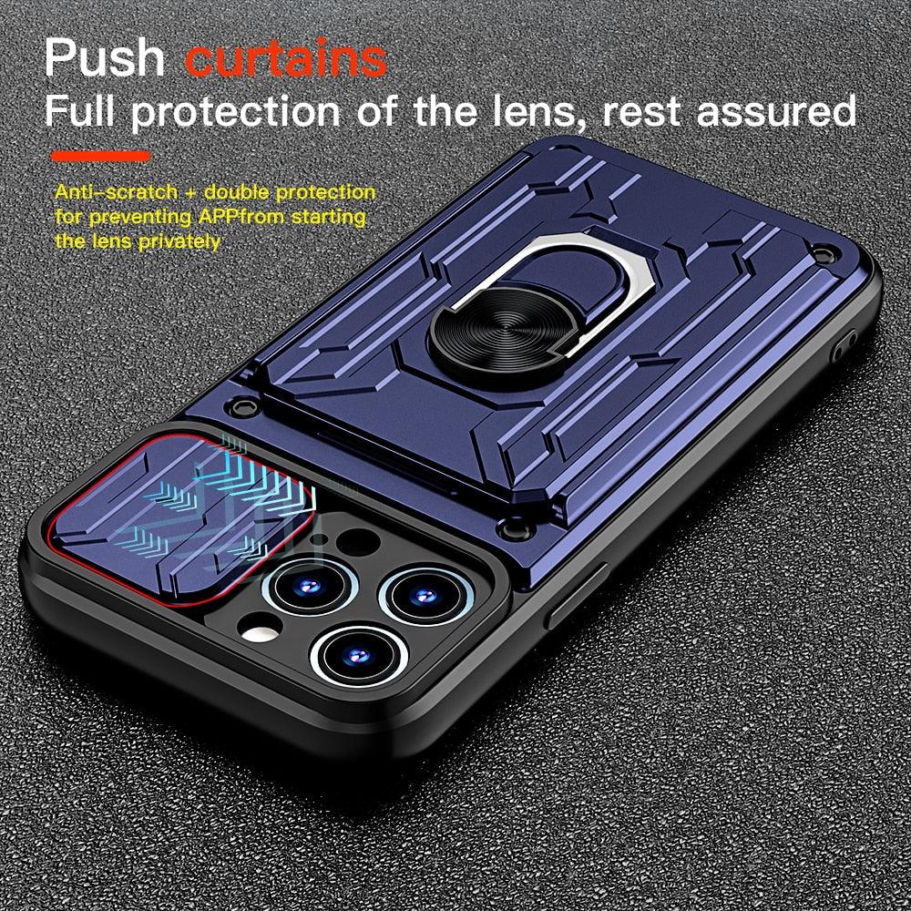 Shockproof Case for iPhone 13 12 11 Pro Max With Card Slot Ring Stand Camera Protection Phone Cover for iPhone XR XS Max Removable Card Holder Ring Holder Shockproof Protection Cover