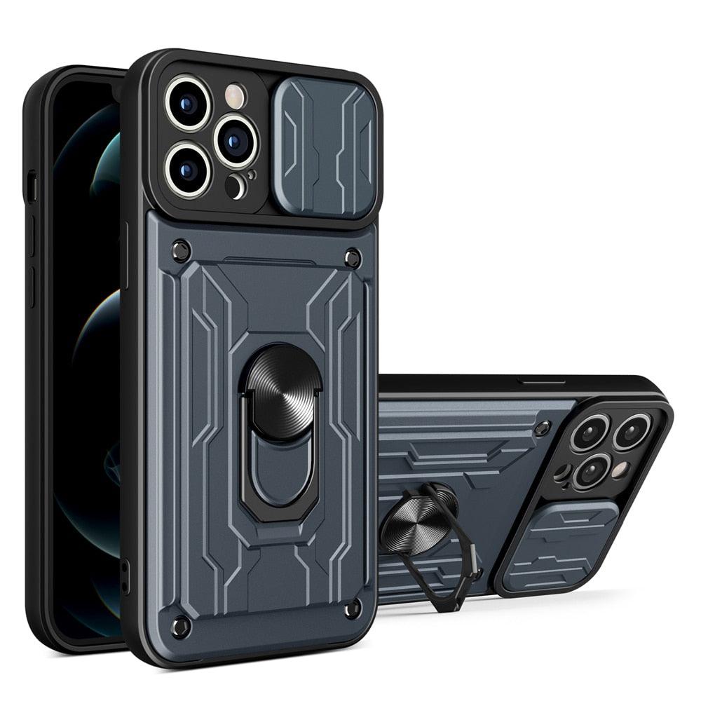 Shockproof Case for iPhone 13 12 11 Pro Max With Card Slot Ring Stand Camera Protection Phone Cover for iPhone XR XS Max Removable Card Holder Ring Holder Shockproof Protection Cover