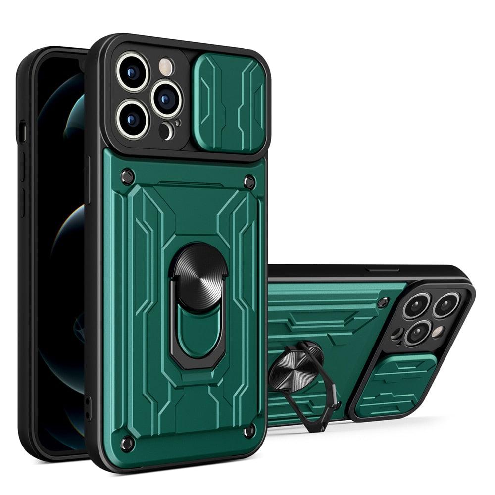 Shockproof Case for iPhone 13 12 11 Pro Max With Card Slot Ring Stand Camera Protection Phone Cover for iPhone XR XS Max Removable Card Holder Ring Holder Shockproof Protection Cover