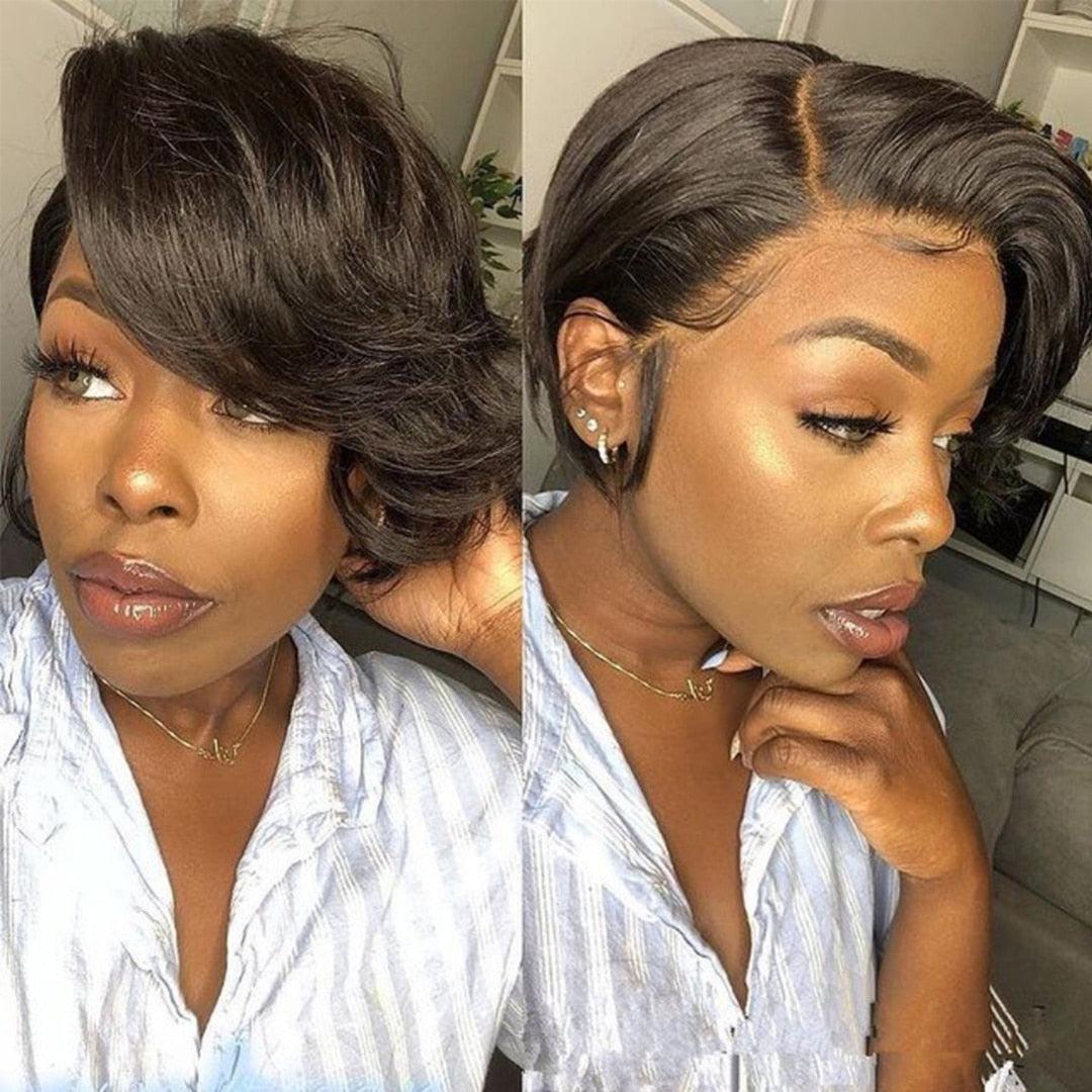 Short Bob Wig Pixie Cut Wig Straight Human Hair Wigs T Part Transparent Lace Wig For Women Pre plucked Hairline Human Hair Wig For Black Women Gifts for Girlfriends